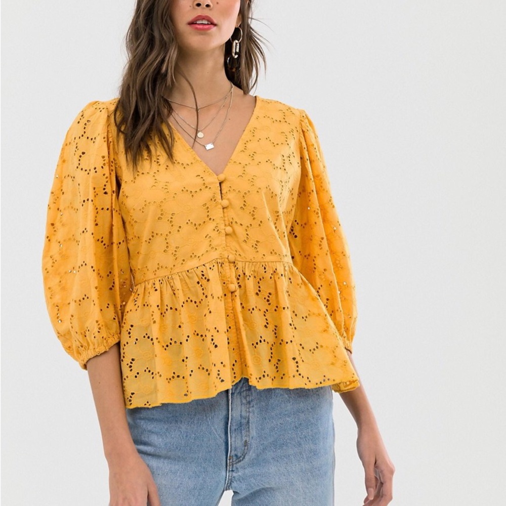 ASOS design tea blouse in broderie with volume sleeves